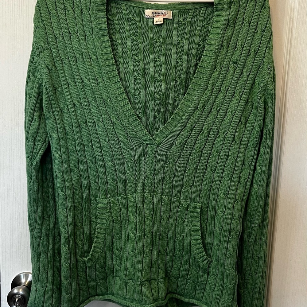Old Navy Green Cable Knit Hoodie Sweater Size Large Cozy